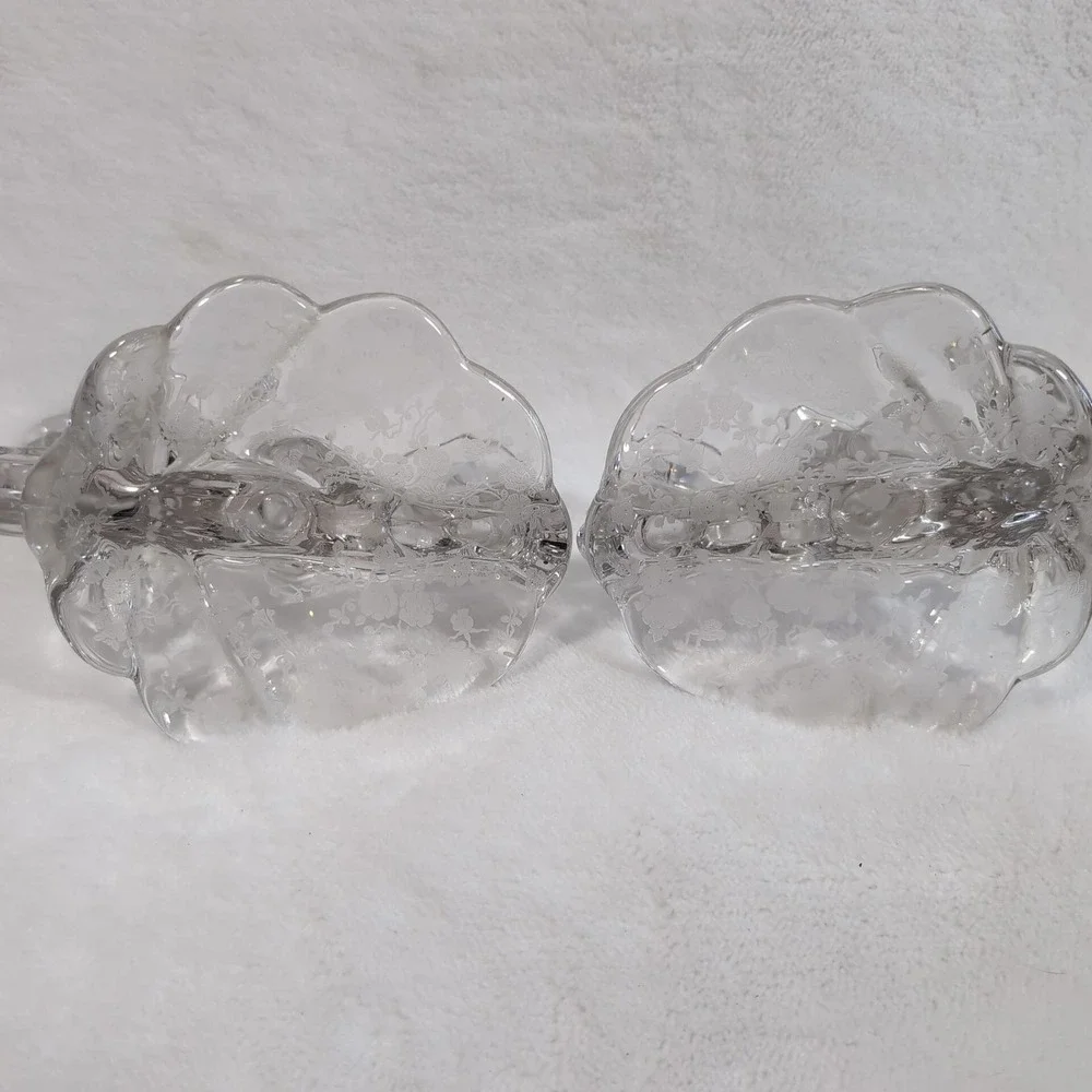 Vintage Cambridge Rose‎ Point Glass Candelabra Pair 3 Tier Etched Candlesticks
